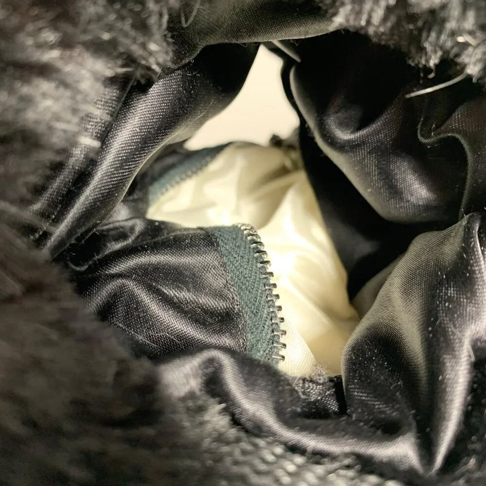 Black Faux Fur Hand Warmer Muff Satin Lining Wrist Strap For Winter Zip Pocket